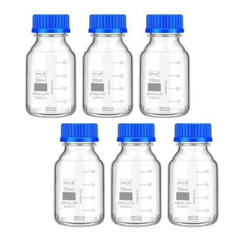 Image of Borosilicate Glass reagent bottle 50ml with leak proof Blue Screw Cap pack of 6 for glassware wide mouth chemical bottles for lab, laboratory, kitchen and professional use