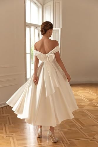 Image of Women's Satin Tea Length Wedding Dresses for Bride Simple Midi A Line Formal Bridal Gowns White Off The Shoulder Courthouse Wedding Dress for Bride US14