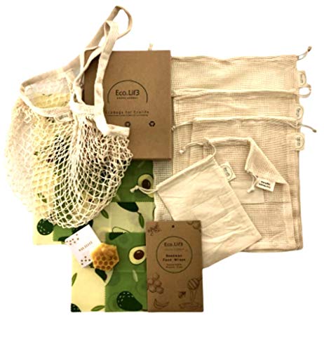 Beeswax Wrap Kit | 4 Envoltura de Cera de Abejas (1 Small, 2Medium, 1Large) Restore Wax, + 6 Bolsas de Malla Reutilizables (2S, 1M, 1L, 1XL, 1 Shopping Bag ) | Zero Waste Kit