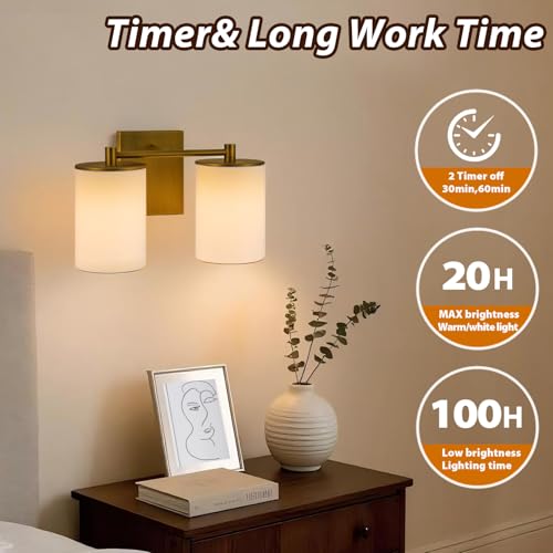 Image of Battery Operated Double Wall Sconce,Rechargeable Battery Powered Vanity Lights,Cordless No Wiring Dimmable Double Sconce with Remote Control for Bedroom Living Room