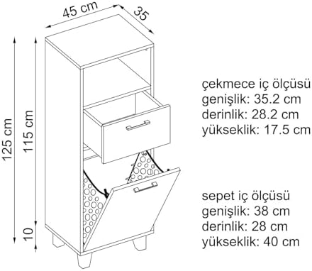 Kirli Çamaşır Sepetli Çekmeceli Banyo Dolabı Çok Amaçlı Dolap - Rim Beyaz 45 cm - Görsel 2