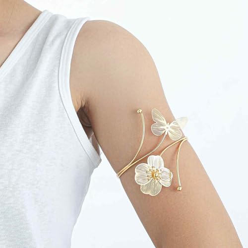 Image of Arm Cuff Jewellery for Women, Floral Armlet with Butterfly Design, Elegant Arm Bracelet for Weddings and Usually Occasions (Golden)