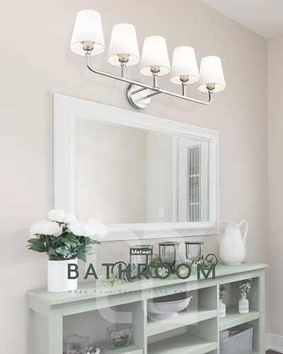 Image of Bathroom Light Fixtures, 5 Light Brushed Nickel Vanity Lights with Flared White Fabric Shade, 35 Inch Wall Sconce, Modern Sconces Wall Lighting for Hallway Bedroom, VL837-BN-5