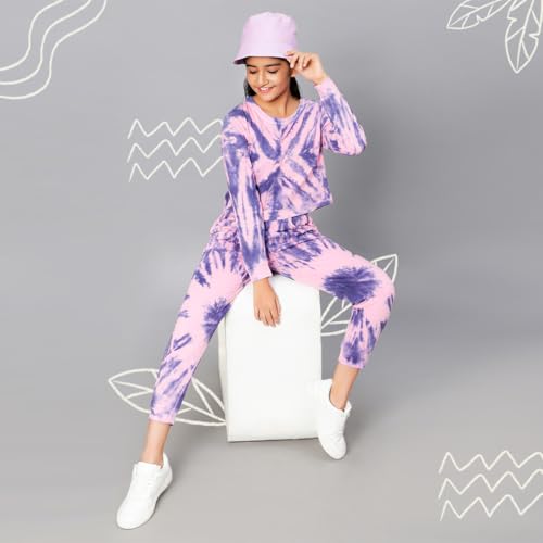 Image of TeenTrums Tie Dye Black Co-ord Set with Boat Neck Tshirt & Joggers, 100% Cotton, Fashion for Youth, Stylish Teen Fashion Collection, Tie Dye Set of Top & Bottom for Girls, Age 05 to 16 Years