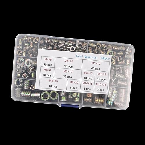 Nuzamas WOOD-NUTS-M4-M10-230PS 230 Pcs Nuzamas Threaded Inserts Nuts Zinc Alloy Hex Socket Drive Screws Assorted Screw-In Nuts M4-M10 Flat Head Threaded Rivet Nuts Assortment Kit thumb #2