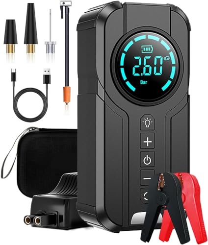 IYUESQ Arrancador de batería portátil para Coche con compresor de Aire, 10 000 mAh (5,0 L de Gasolina/3,0 L de diésel), 12 V, 1000 A, con Pantalla, Luces y Caja de Almacenamiento (Negro)