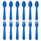 Muulaii 12 Pcs Kids Spoons and Forks Toddler Utensils Plastics Reusable Silverware Baby Cutlery Set Feeding Dinnerware Utensils BPA Free Microwave Dishwasher and Freezer Safe- Blue