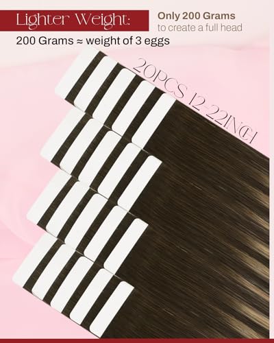 Image of Moresoo Tape in Hair Extensions Human Hair Caramel Balayage 18in 20Pcs 50g | Seamless tape in hair extensions human hair, skin weft tabs, caramel highlights, added length, half up event styling