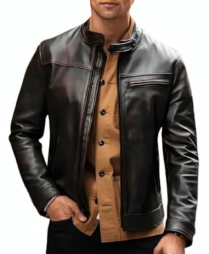 Café Racer Lambskin Leather Jacket Men Round Collar Men's Casual Real Leather Motorcycle Biker Jacket