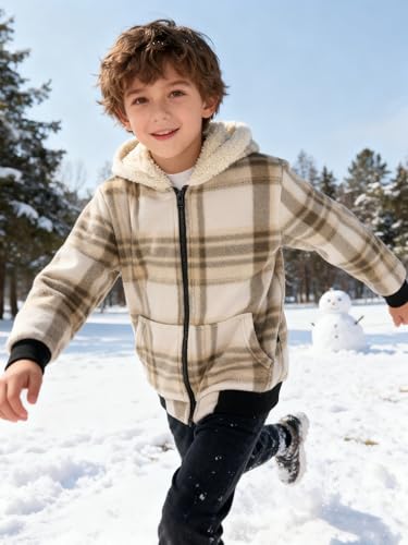 Image of Boys Zip Up Hoodies Fleece Plaid Jacket Kids Hooded Sweatshirts Sherpa Lined Coat