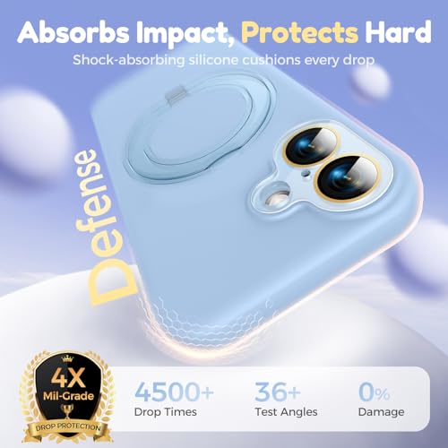 Image of Silicone 360 Spin Magnetic Stand Case for iPhone 17, [Compatible with Mag-Safe][Reinforced Hard Camera Protection]Shockproof Liquid Silicone Rubber Phone Case Cover with Ring, Camera Button, Sky Blue