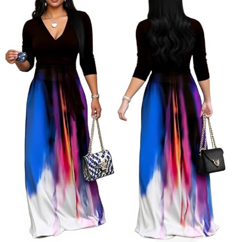 Image of Women's Church Maxi Wrap V Neck 3 /4 Sleeve Tie Waist Plus Size Long Dress | Flattering wrap V-neck design enhances curves. High elastic tie waist accentuates the slimmest part, hides tummy.