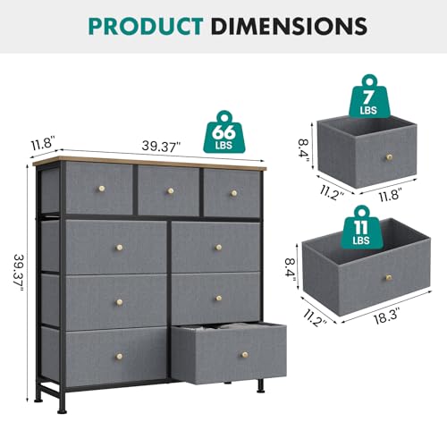 Image of OLIXIS 9 Drawer Tall Dresser for Bedroom, Closet Organizers and Storage | Fabric Dresser with Wooden Top, Chest of Drawers for Clothes Storage, Tower Cabinet, Furniture, TV Stand, Gray Blue