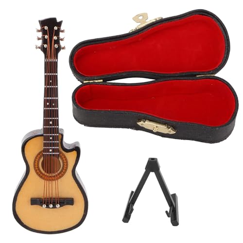 HERCHR Mini Guitar Model, Wooden Miniature Guitar with Stand and Case Musical Instrument Display Ornaments Craft for Desk Shelf Decoration(10cm)