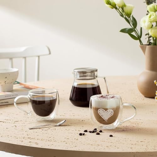 Image of IndusBay 4 Pieces, Double Wall Borosilicate Glass Mug - Elegant Insulated Coffee /Tea Cup | Transparent Floral Design | 250ml | Ideal for Gifting, Home & Office, Boutique