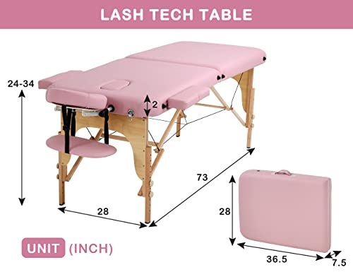 Massage Tables Portable Lash Bed 73 inch Tattoo Table, Height Adjustable Portable Spa Bed, 2 Folding Chiropractic Table w/Carry Case/Face Cradle/Hand Pallet/Towel Hanger/Oil Pouch/Sheet/Bolster - Thumbnail 7