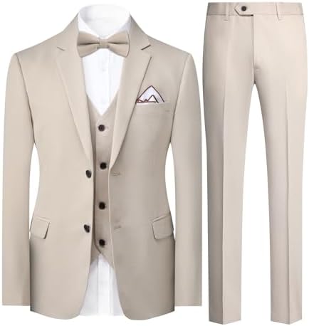 YFFUSHI Anzug Herren 3 Teilig Slim Fit Formale für Business Hochzeit | Sakko, Hose, Weste und Fliege, Einfarbig, 2 Knöpfe, Gekerbte Revers, Elegant