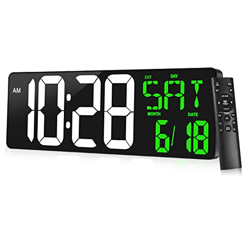 Large Digital Wall Clock With Remote Control, 16.5" Led Display With Adjustable Brightness,Dst,Date,Temperature,Timer,Alarm.perfect For Seniors,Gym,Office,Living Room Decor (White And Green) #TOP21