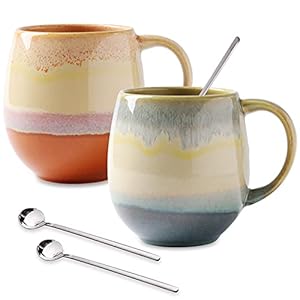 16oz Ceramic Coffee Mugs for Men/Women – Set of 2 with Spoons, Great for Soup, Cocoa, Office, Home, Engagement Gifts