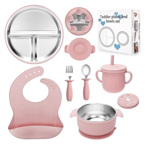 Image of MISSLILI Stainless Steel Kids Plates and Bowls Set with Suction, Divided Baby Plate and Toddler Bowl with Removable Silicone Suction,Stainless Steel Weaning Bundle, Silicone Baby Feeding Set (Pink)