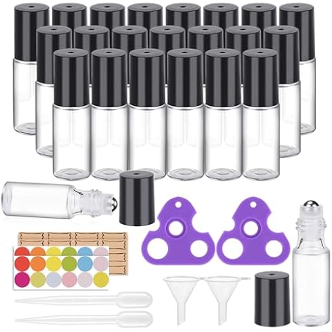 Easytle Essential Oil Roller Bottles 24 Pack 5ml Clear Glass Roller Bottles for Oils (96 Pieces Labels, 2 Opener, 4 Funnels, 4 Dropper) Roll on Bottles with Stainless Steel Roller Balls and Caps Cover