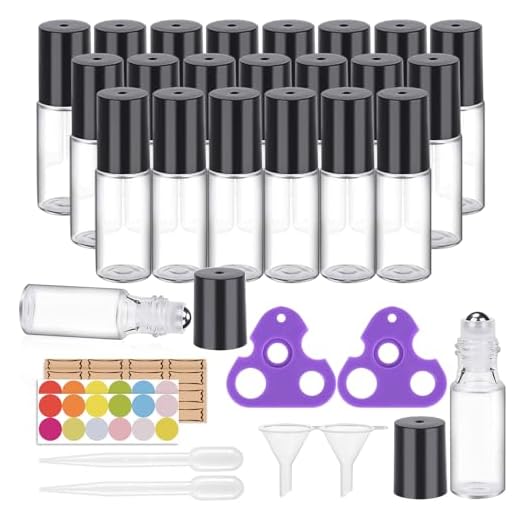 Easytle Essential Oil Roller Bottles 24 Pack 5ml Clear Glass Roller Bottles for Oils (96 Pieces Labels, 2 Opener, 4 Funnels, 4 Dropper) Roll on Bottles with Stainless Steel Roller Balls and Caps