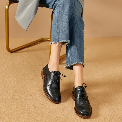 Image of BEAU TODAY Oxford Shoes for Women,Leather Brogue Dress Shoes,Comfort Brethable Ladies Lace-up Handmade Wingtip Shoes for Business Work