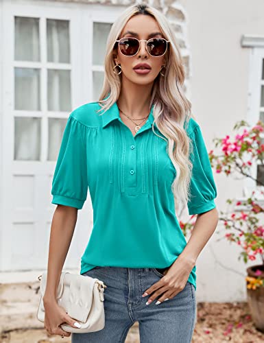 Button Down Shirts For Women Summer Loose Golf Polo Tee Shirt Collared Tops Short Sleeve Tunic Blouses Aqua Xxl #TOP3