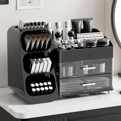 FoiiLiio Make Up Kosmetik Organizer mit 2 Schubladen, Multifunktion Schminktisch Organizer, Einfache Aufbewahrung für Pinsel Lippenstift Skincare für Schminktisch, Bad und Schlafzimmer(Schwarz)