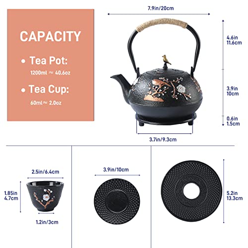 Sechudo Tea Set Tea Kettle Japanese Style Beautiful Black Cast Iron Teapot Set With 4 Cups,4 Cup Mats,1 Trivet And 1 Lid Holder,40.6Oz Teapot With Infuser For Stove Top Safe #TOP5