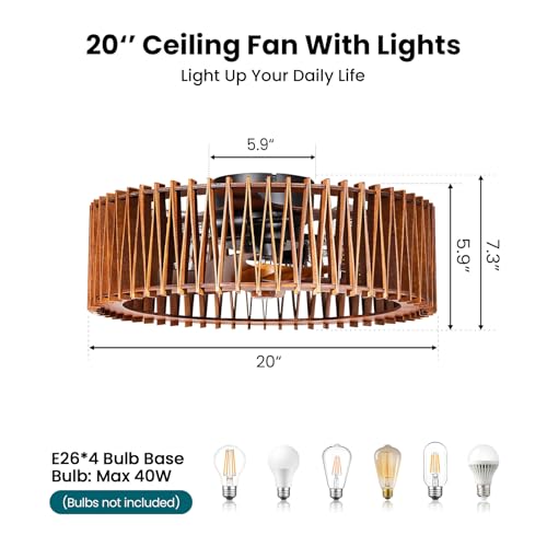 Image of 20 inch Flush Mount Ceiling Fan with Light, Wooden Caged Low Profile Fandelier with Remote, 6-Speed Reversible Bladeless Fan, Farmhouse Ceiling Fan for Bedroom, Kitchen, Living Room