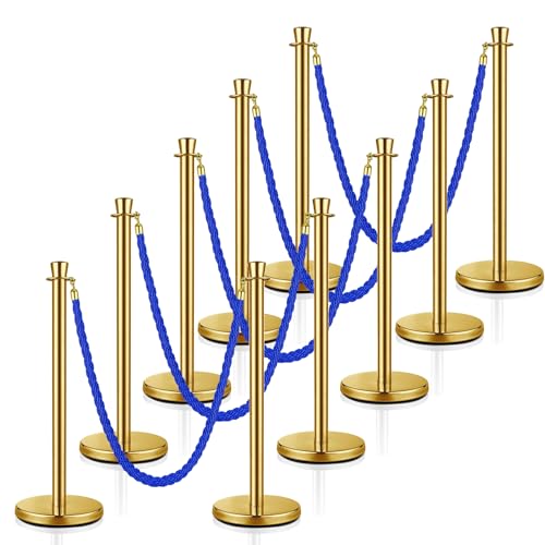 MICHELANGELO Kit 10 Pedestais Premium Organizador Separador de Fila Dourado com 5 Cordões Azul 1,50