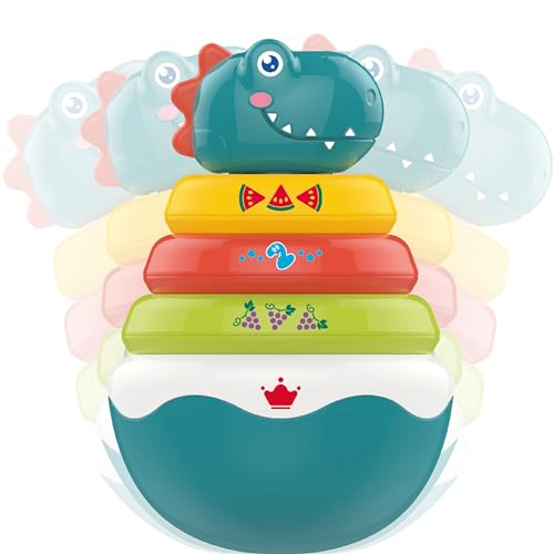 Image of PlenPLAY Baby Tummy Time Toys - Dino Stacking Toys for Age 6+ Months, Weeble Wobble Toys for Babies 6 9 12 Months, Stacking Rings STEM Learning Toy, Sensory Learning Toy (Dinosaur), Small, Blue