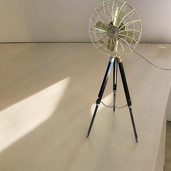 brass antique vintage-style, modern twist Floor fan for home decor and office, including a wooden tripod stand