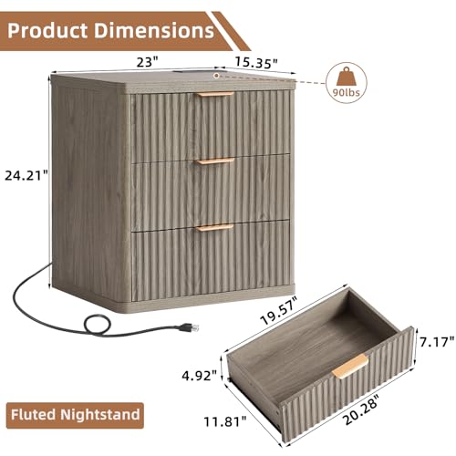 Image of LEYAOYAO 23 inch Wide Fluted Night Stand with Charging Station,3 Drawers Large End Table with Storage,Grey Nightstand Wood Bedside Tables, Farmhouse Cabinet Dresser for Bedroom,Closet