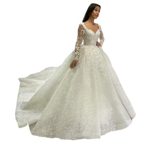 Vestidos de noiva com apliques de renda com lantejoulas e cauda d...