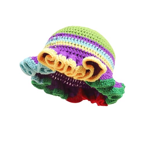 Image of Women Crochet Bucket Hat Cute Winter Ruffled Brim Floppy Cap Handmade Knit Cloche Hats