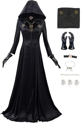 cosgarden Lady Cosplay Costume Dress Village Sisters Hooded Robe with Necklace Gloves Tattoo (Black Small)