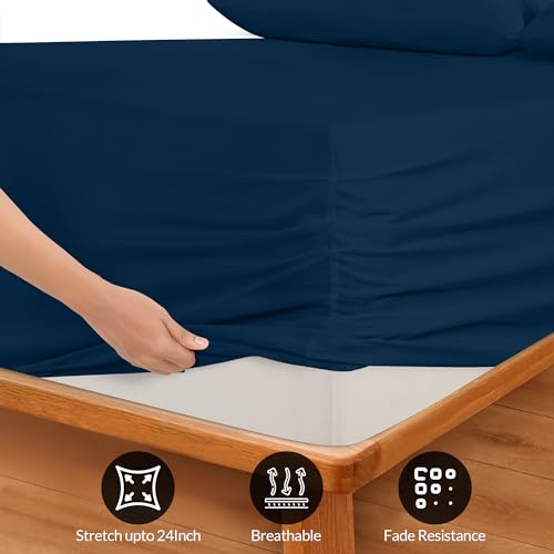 Image of Royale Linens Extra Deep Pocket Twin Fitted Sheet Only - Twin Size Deep Pocket Navy Fitted Sheet - Fits 18 inch to 24 inch Thick Mattress - Soft & Breathable Elastic Sheets (39x75 Inches, Navy)