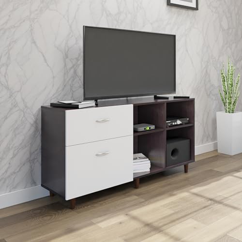 Image of VIKI Modern TV Unit for Living Room | Engineered Wood TV Cabinet with 2 Drawer Storage & 2 Open Shelves, Entertainment Unit, 140W x 74H x 40D cm | DIY | 1 Year Warranty (Wenge & White)
