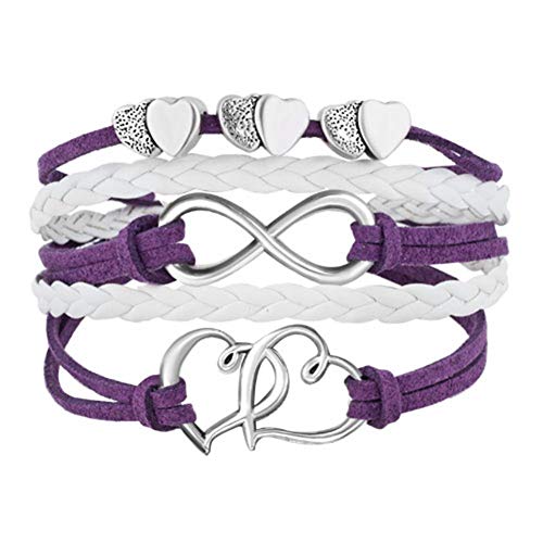 LANCHONG Leather Wrap Bracelets Girls Double Hearts Infinity Rope Wristband Bracelets Gifts (Purple 2)