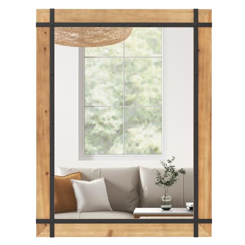 Multigot Decorative Wall Mounted Mirror, Rustic Rectangular Hanging Mirror with Hanging Hooks, Wood Frame Farmhouse Vanity Mirror for Bathroom Living Room Entryway