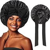 Schlafmütze,Nacht Schlaf Mütze,Silk Seiden Bonet Verstellbare Bonnet Sleep Cap Seide Haube Haar Schlafhaube Seide Locken Haube Hair Haube zum Schlafen für Die Nacht mit Elastischem Band(Schwarz)