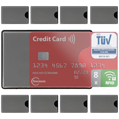 fouraces 8X TÜV geprüfte RFID Blocker Schutzhülle - Sicherheit gegen Datenklau - NFC Schutzhüllen - Kartenhülle für Kreditkarten und EC Karten, Hülle aus Hartplastik für Bankkarten