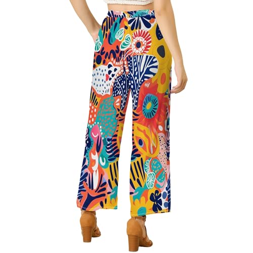 Womens Cartoon Graffiti Pants Stretch Waist Wide Leg Tropical Loose Straight Beach Flowy Trousers with Pockets2