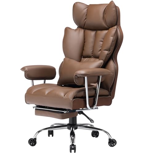 Image of Efomao Big and Tall Office Chair 400lbs - High Back Executive Chair with Swivel Base, PU Leather Upholstery, Lumbar Pillow, Padded Armrests, and Rolling Wheels,Brown Computer Chair