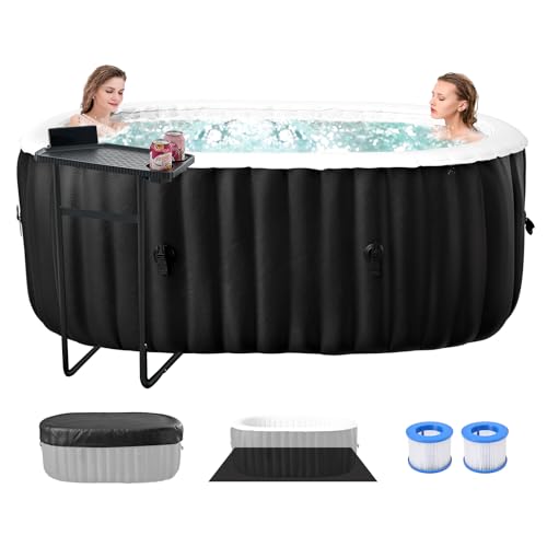 2 Person Inflatable Hot Tub, Oval Portable Hot Tub, Leak-Proof Blow up Hot Tub with 100 Air Jets, PVC Outdoor Spa with Insulated Cover & Heater Pump, 75” L X 47”W X 25”H