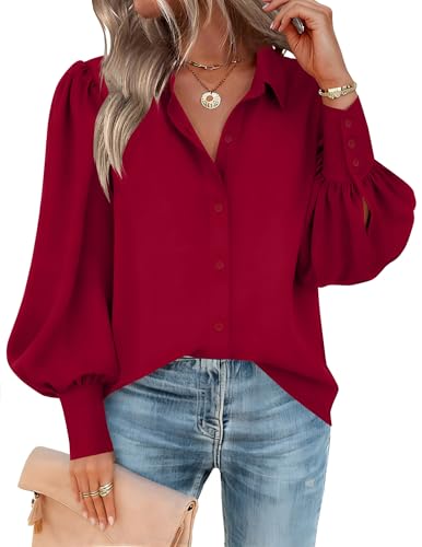 Image of Zeagoo Button Down Chiffon Blouse for Women Lantern Long Sleeve Shirts Elegant Red Tops Casual Work Outfits L