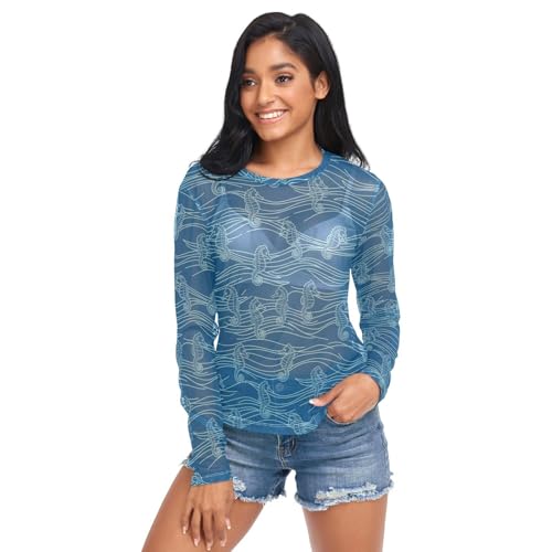 Seahorse Wave Blue See Through Tops for Women Mesh Sheer Tops Long Sleeve Women Blouse Handle Zipper Beach Camping Swimming Pool Size S