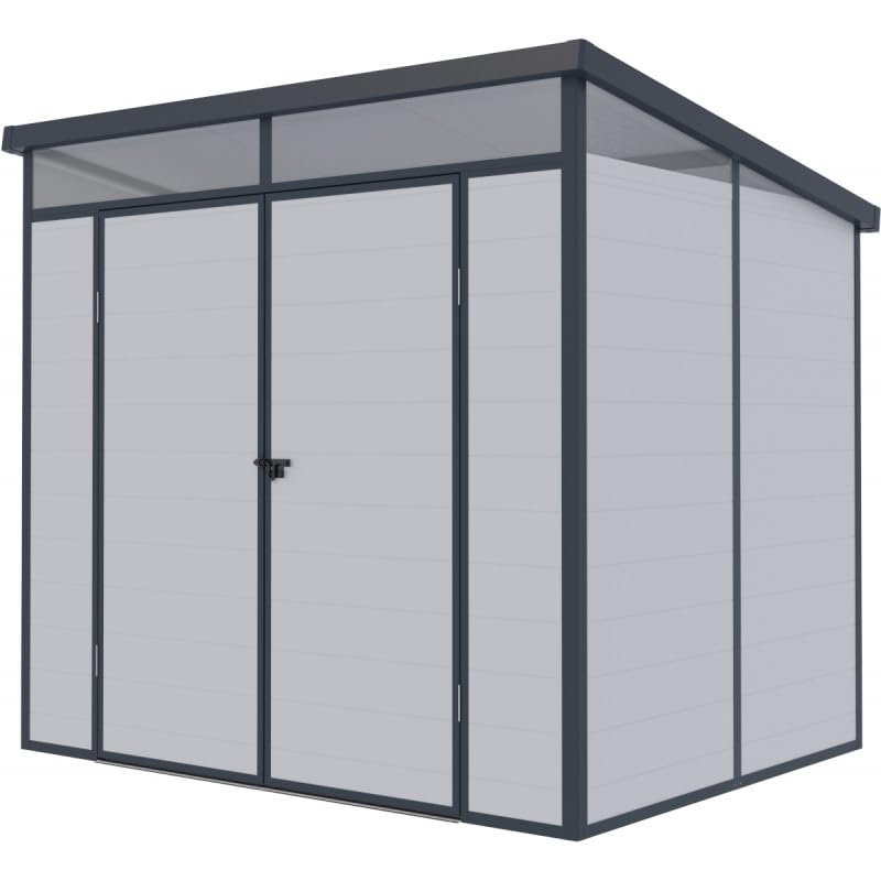 Jôbu Abri de Jardin Résine 4,10m² | Gris Clair, Toit Plat Skylight, Plancher Inclus | Structure Aluminium, Double Porte, Fenêtres Zénithales | Rangement...